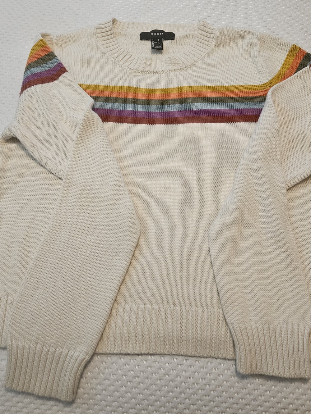 Forever 21 Cream Crewneck Sweater with Multicolor Chest Stripes